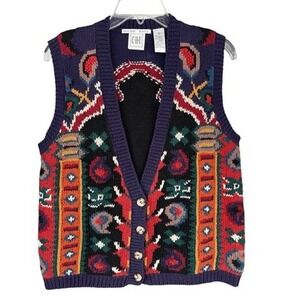 T3 Vintage 90s Knit Sweater Vest Button Front Geometric Abstract Pattern